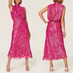 SALONI Fleur Magenta Pink Midi Dress with Metallic Threads Size 4